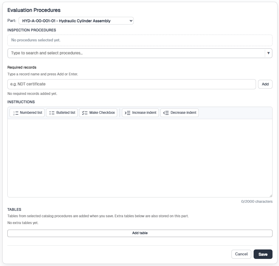 Add Evaluation Procedure form with part picker, procedure search, required records, instructions, and Add table