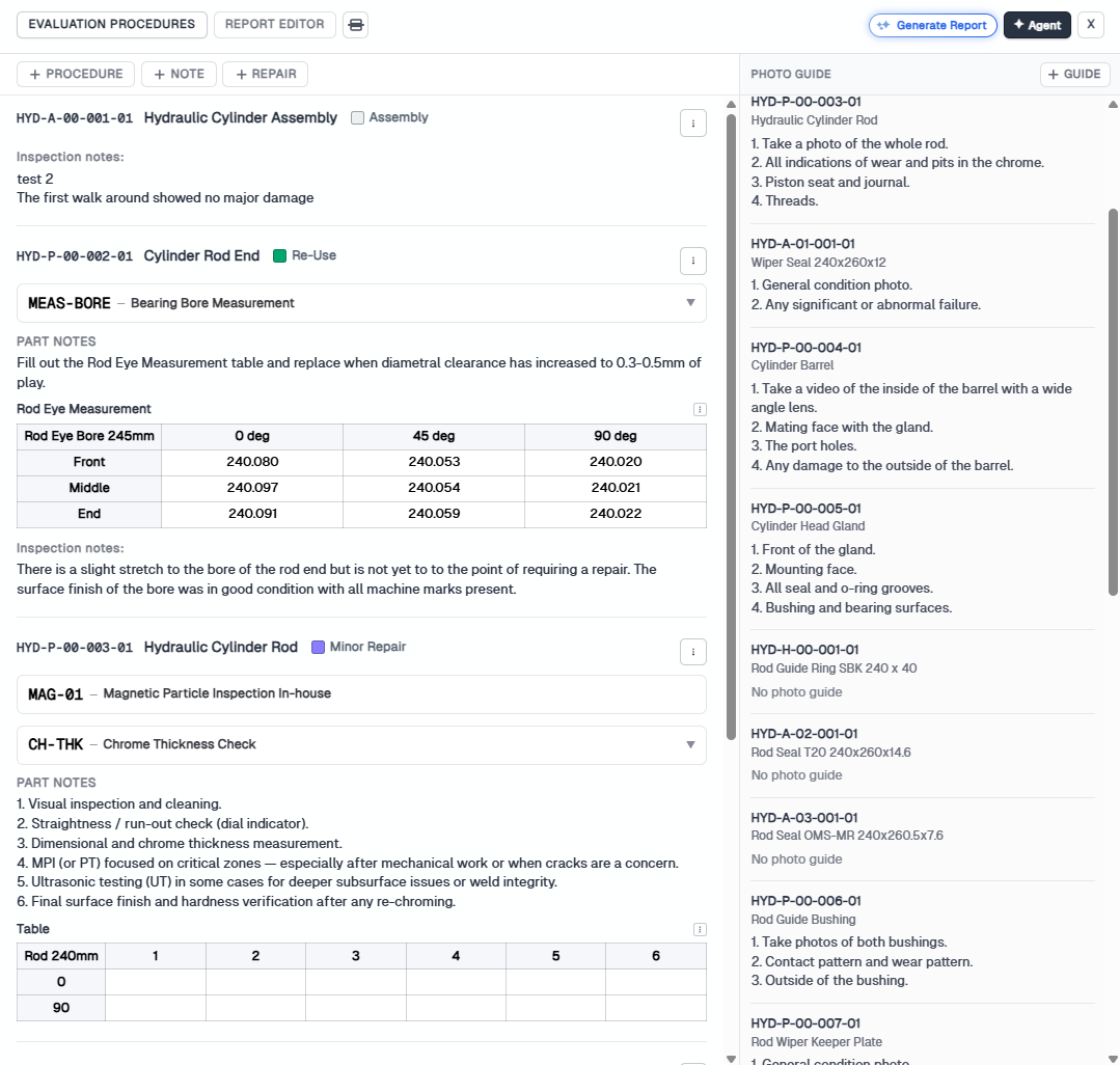 Evaluation Procedures panel with part checklists on the left and Photo Guide on the right