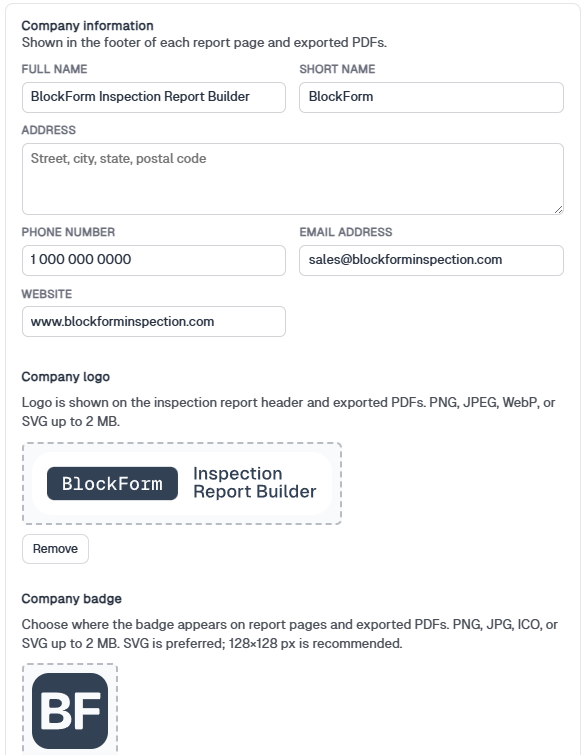 Company information with full name, short name, contact fields, company logo, and company badge
