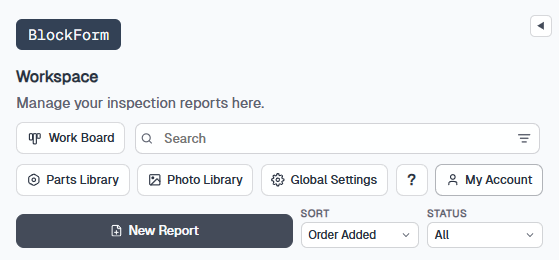 BlockForm workspace toolbar with Global Settings next to Parts Library and Photo Library