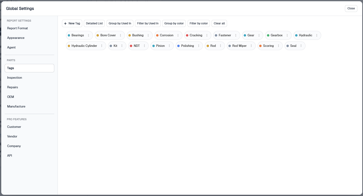 Global Settings modal with left navigation and New Report Layout Options on the Report Format tab