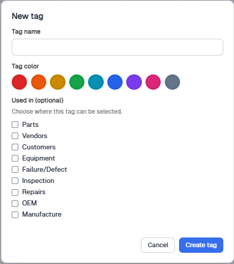 New tag dialog with tag name, color swatches, and Used in checkboxes for Parts, Vendors, Customers, and more