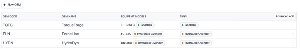 OEM table with New OEM and rows for TorqueForge, ForceLine, and HydroDyn with equipment models and tags