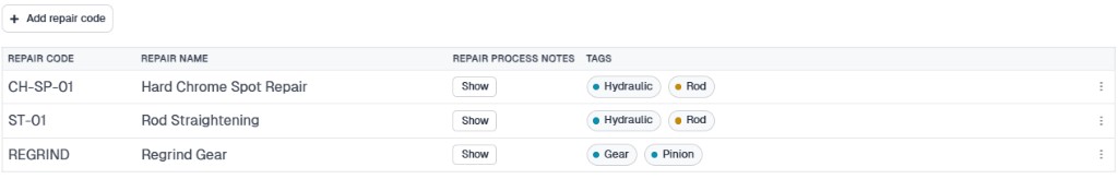Repair codes table with Add repair code and rows for Hard Chrome Spot Repair, Rod Straightening, and Regrind Gear