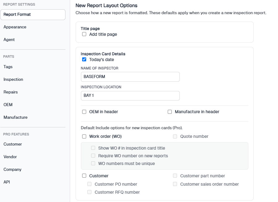 New Report Layout Options with Add title page and Inspection Card Details