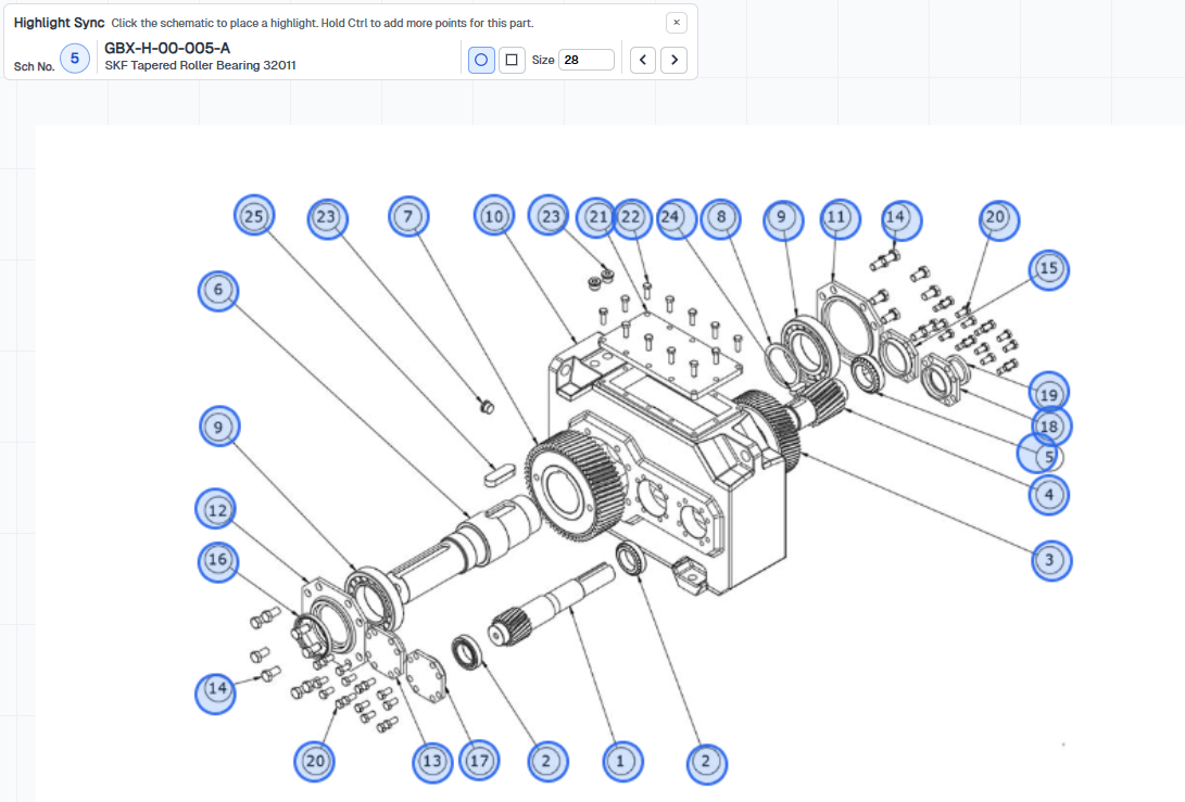Highlight Sync placing numbered circle markers on a gearbox schematic, with part 5 selected
