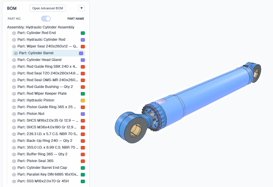 BOM row for Cylinder Barrel selected, with that part highlighted on the 3D hydraulic cylinder