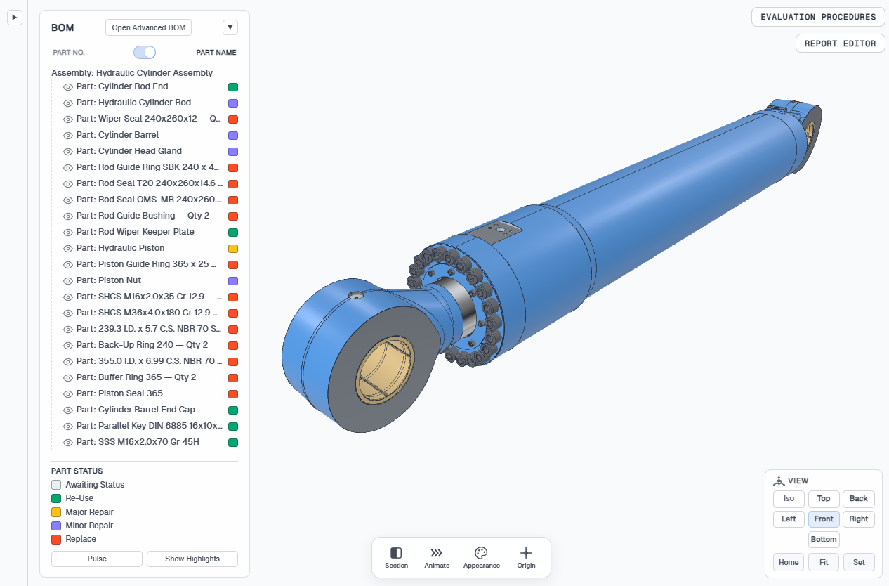 Model Viewer with BOM tree on the left, 3D hydraulic cylinder in the center, work bar, view cube, Evaluation Procedures, and Report Editor