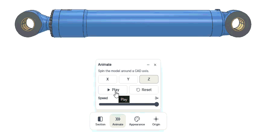 Animate panel playing a Z-axis spin of a hydraulic cylinder at 3x speed
