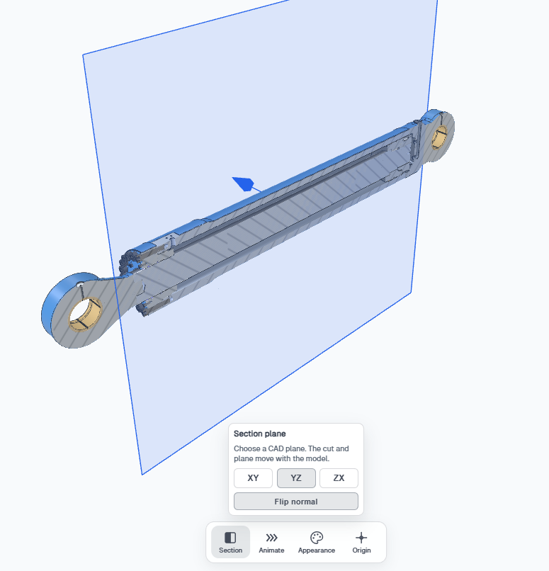 Section view cutting a hydraulic cylinder on the YZ plane, with the Section plane popover open