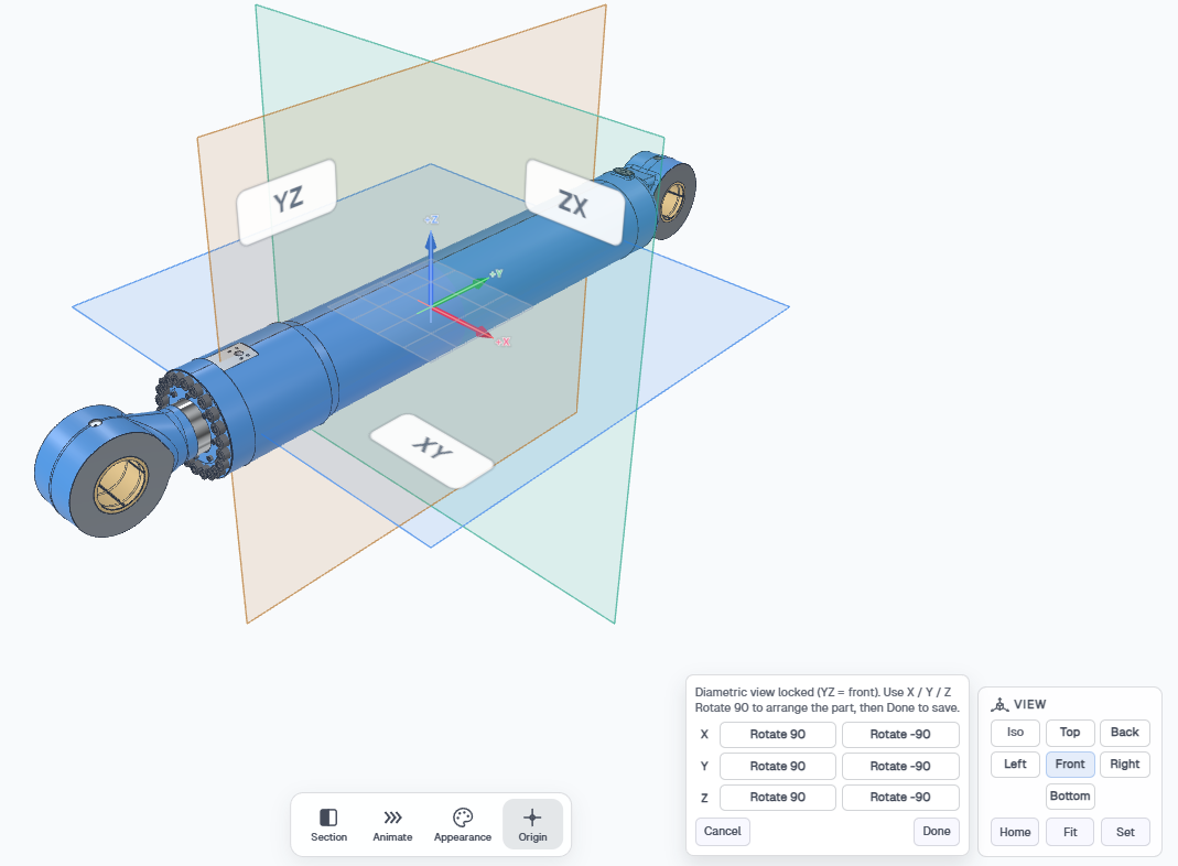 Set orientation with Origin on, showing XY YZ ZX planes and Rotate 90 controls on X Y and Z