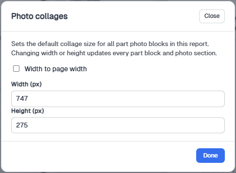 Photo collages modal with Width to page width, Width (px), Height (px), and Done