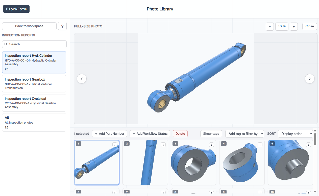 Full-size photo viewer showing a large preview above the Photo Library thumbnail grid