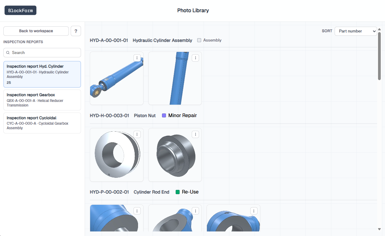 Photo Library sorted by Part number, with groups for assembly and individual parts