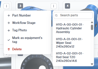 Photo menu with Part Number subwindow listing searchable BOM parts