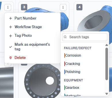 Photo menu with Tag Photo subwindow showing searchable Failure/Defect and Equipment tags