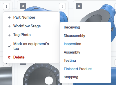 Photo menu with Workflow Stage subwindow listing Receiving through Shipping