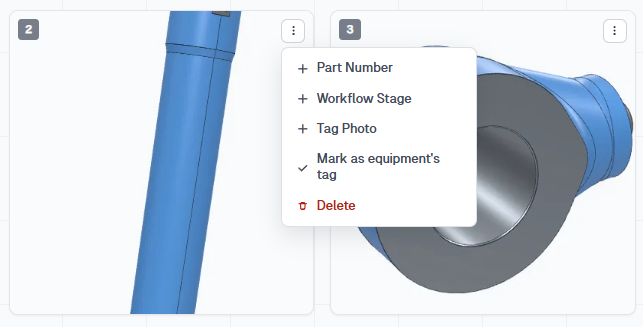 Photo card menu open with Part Number, Workflow Stage, Tag Photo, Mark as equipment's tag, and Delete