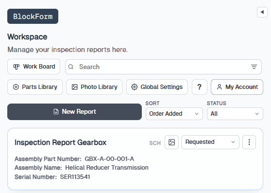 BlockForm workspace with Photo Library in the toolbar and the photo icon on an inspection card