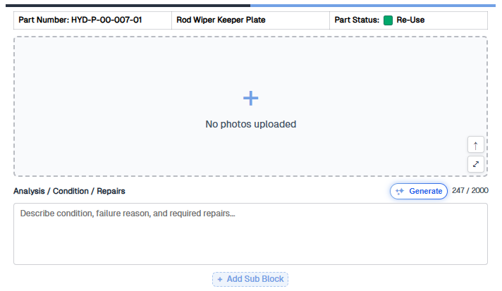 Part Block Photos on the canvas with part header, empty photo collage, analysis field with Generate, and Add Sub Block