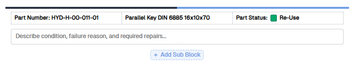 Part Block Simple on the canvas with part header, analysis field, and Add Sub Block