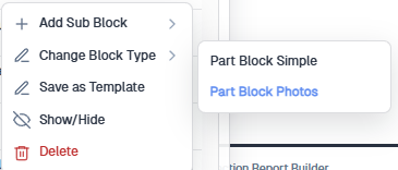 Change Block Type flyout listing Part Block Simple and Part Block Photos