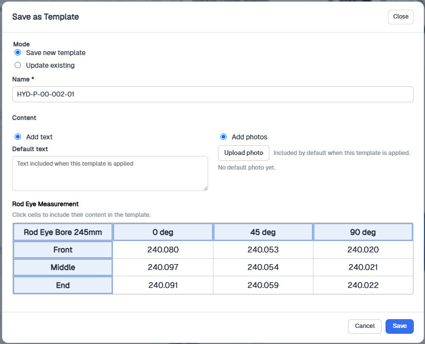 Save as Template window with mode, name, Add text, Add photos, and a measurement table for cell selection