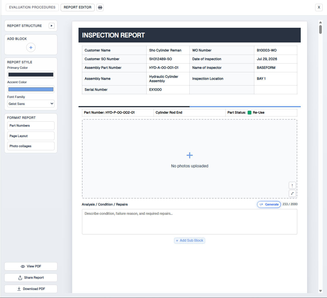Report Editor with structure and style controls on the left and the inspection report preview on the right
