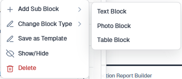 Add Sub Block flyout listing Text Block, Photo Block, and Table Block