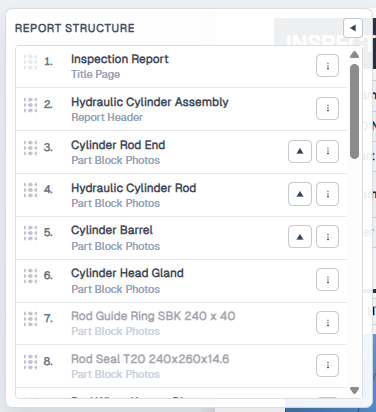 Report Structure list with drag handles, numbered blocks, expand toggles, and a ⋮ menu on each row