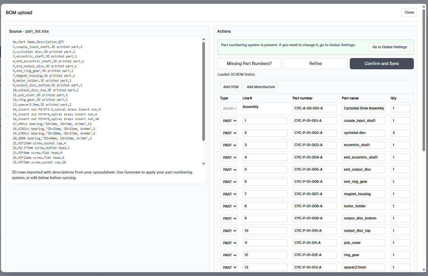 BOM upload window showing imported spreadsheet rows and the Confirm and Sync button