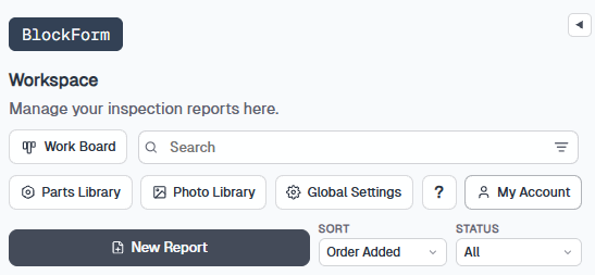 BlockForm Workspace with the New report button and an empty inspection reports list