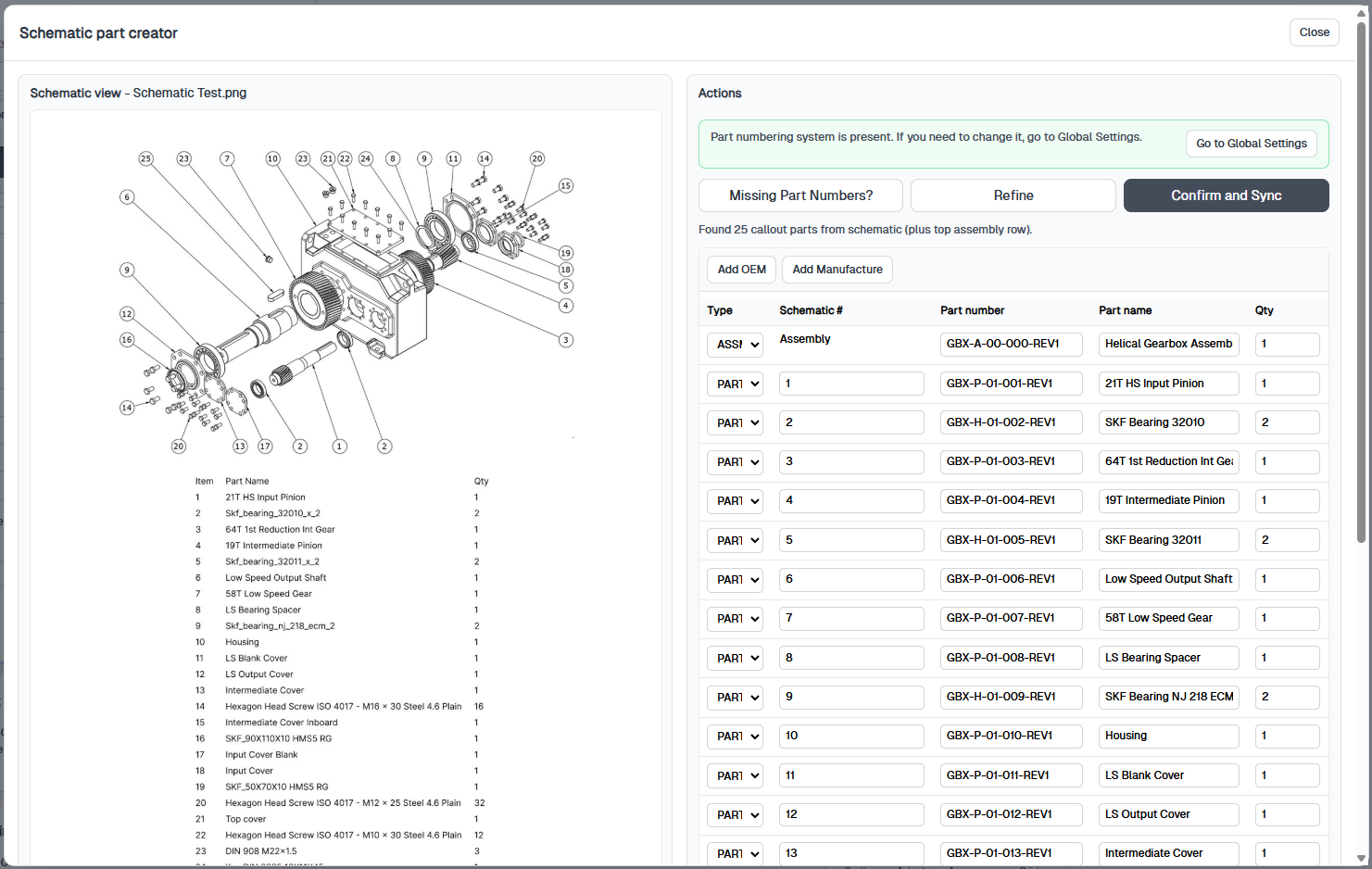 Schematic part creator with schematic preview on the left and Generate actions on the right