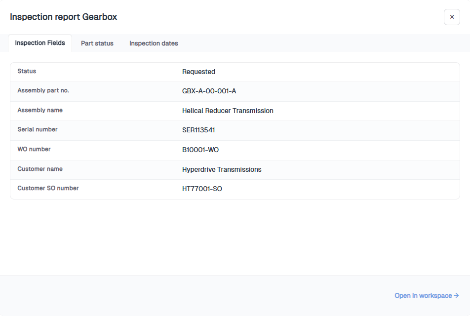 Work Board card modal on the Inspection Fields tab showing report header details