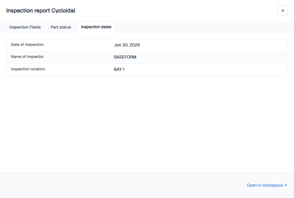 Work Board card modal on the Inspection dates tab showing date, inspector, and location