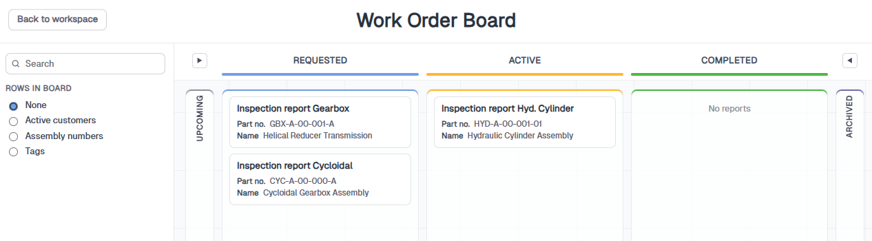 Work Board with Rows in board set to None, showing Requested, Active, and Completed columns