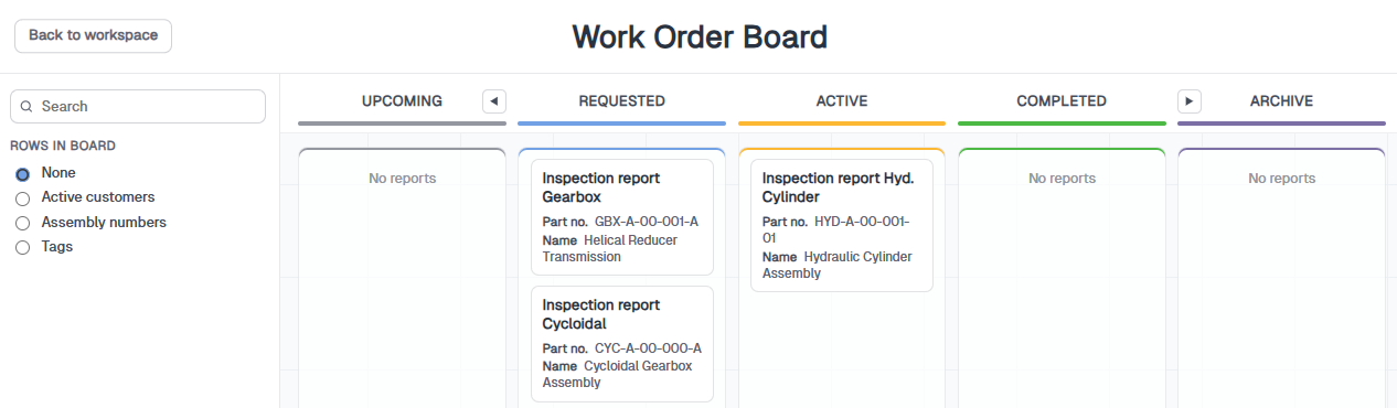 Work Board kanban with Upcoming, Requested, Active, Completed, and Archive columns