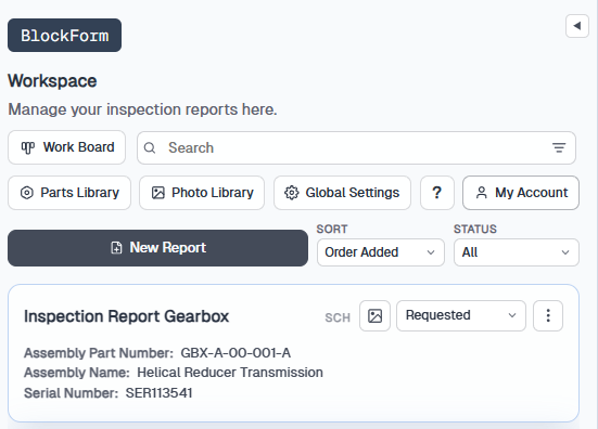 BlockForm workspace toolbar with the Work Board button
